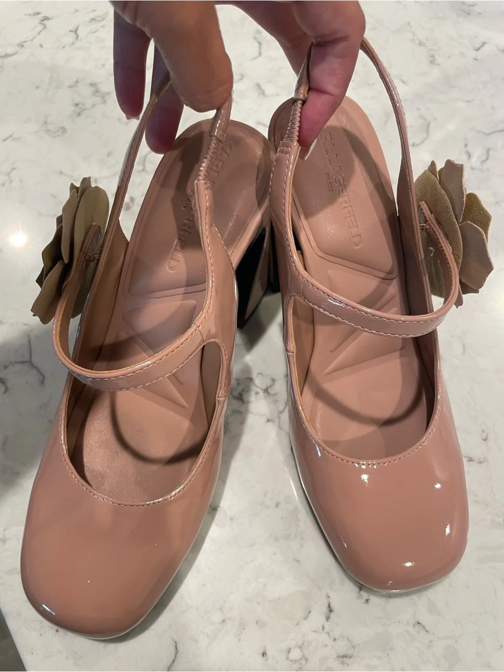 Karl Lagerfeld Blush Patent Mary Jane Slingback with Floral Accent